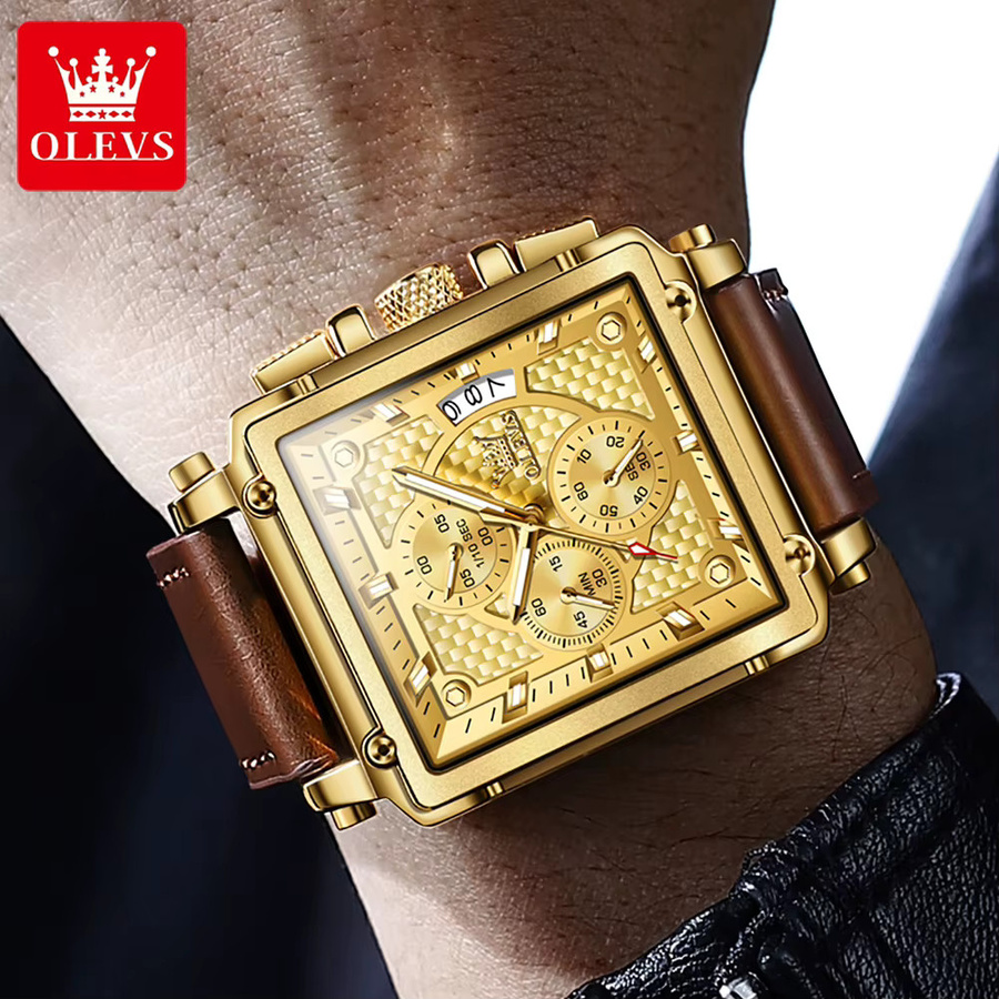OLEVS Chronograph, Quarz, Lederarmband, Gold, 45 mm, Herren - Bild 3