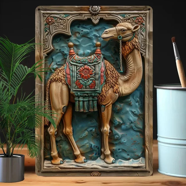 Potdemiel Kamel Wandkunst aus Metall im Vintage-Design mit Relief-Optik - Bild 1