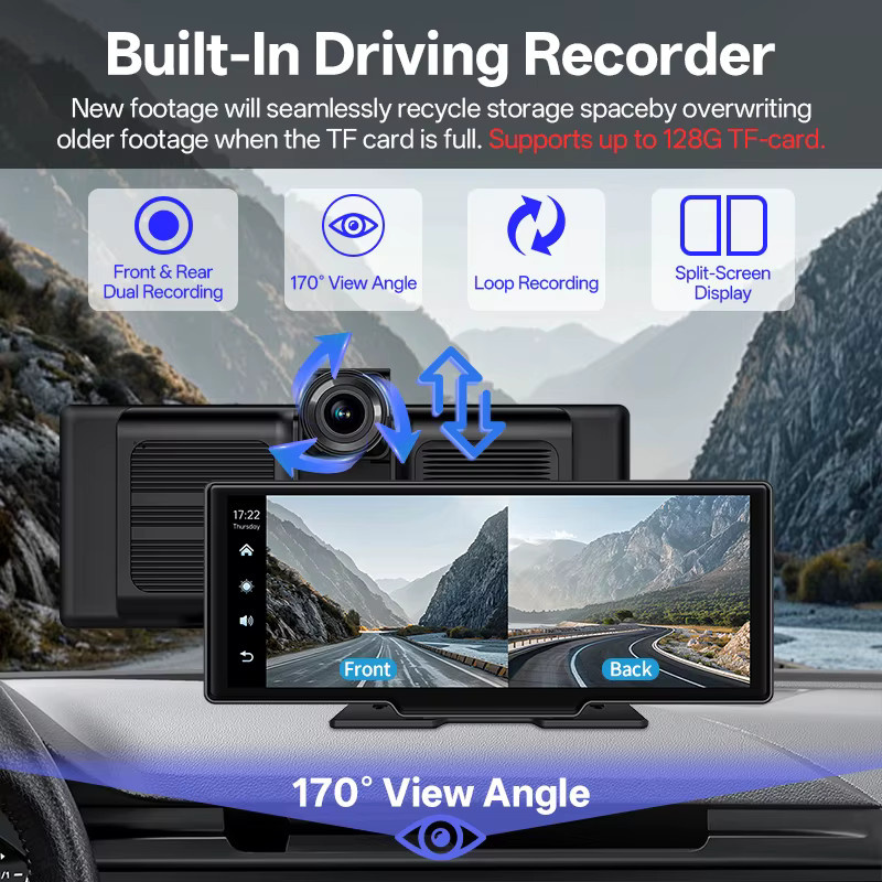 Hippcron Tragbares Autoradio mit 10,26 Zoll 4K Dash Cam, Drahtloses CarPlay und Android Auto, IPS Touchscreen, Bluetooth und Dual Lens, Schwarz - Bild 4