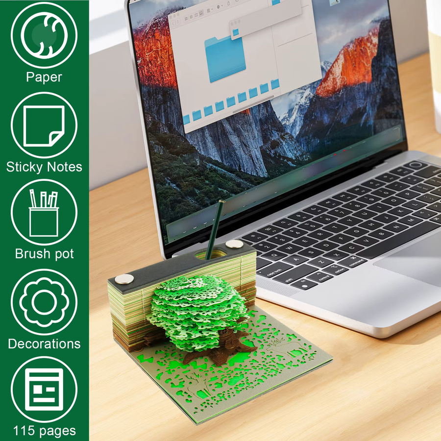 3D Schreibtisch Notizblock mit Baum-Motiv und Stifthalter, 115 Seiten, Farbe Grün, Kreatives DIY Papier-Schnitzkunst Set für deine Desktop-Dekoration - Bild 2