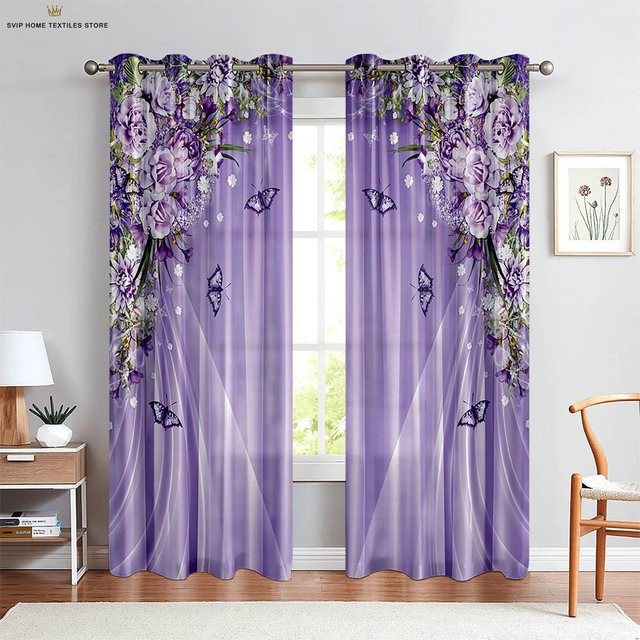 Yiran Furniture Fenstergardinen mit Blumen und Schmetterlingen im 3D-Druck, 2er-Set aus Polyester, semi-transparent, Breite: 50 cm, Höhe: 130 cm - Bild 1