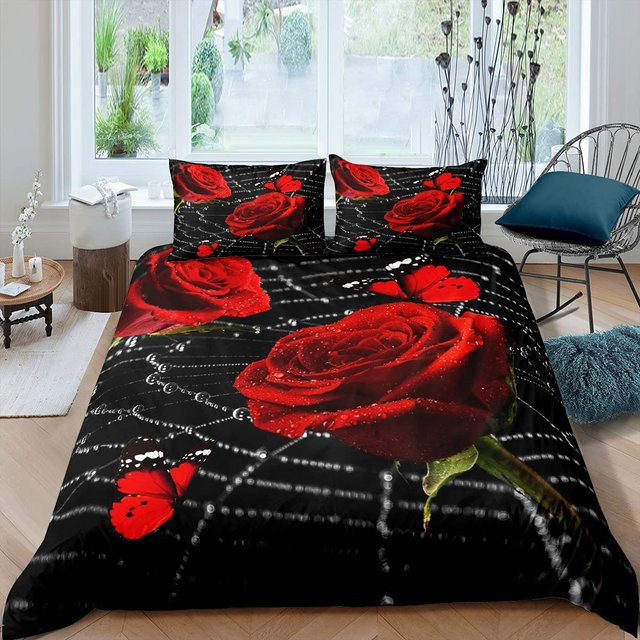 Bettwäsche-Set Your Warm Home mit Rosenblüten-Print in Rot, bestehend aus 1x Bettbezug und 2x Kissenbezügen, B/H: 140 x 210 cm, Kissenbezüge: 50 x 70 cm - Bild 1