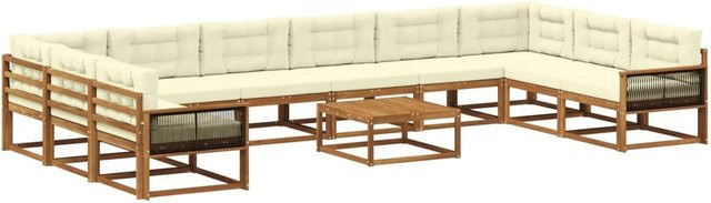 vidaXL Outdoor-Sofagarnitur aus massivem Akazienholz in U-Form mit 11 Kissen, Farbe Natur und Creme/Beige - Bild 1