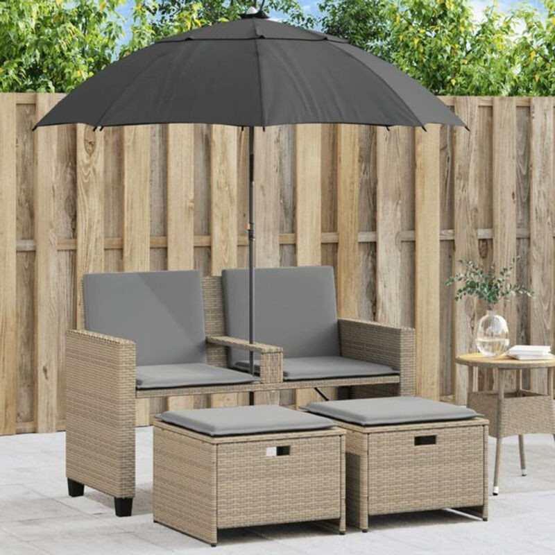 Vidaxl Gartensofa 2-Sitzer Set mit Sonnenschirm und Hocker aus Poly-Rattan in Beige - Bild 1