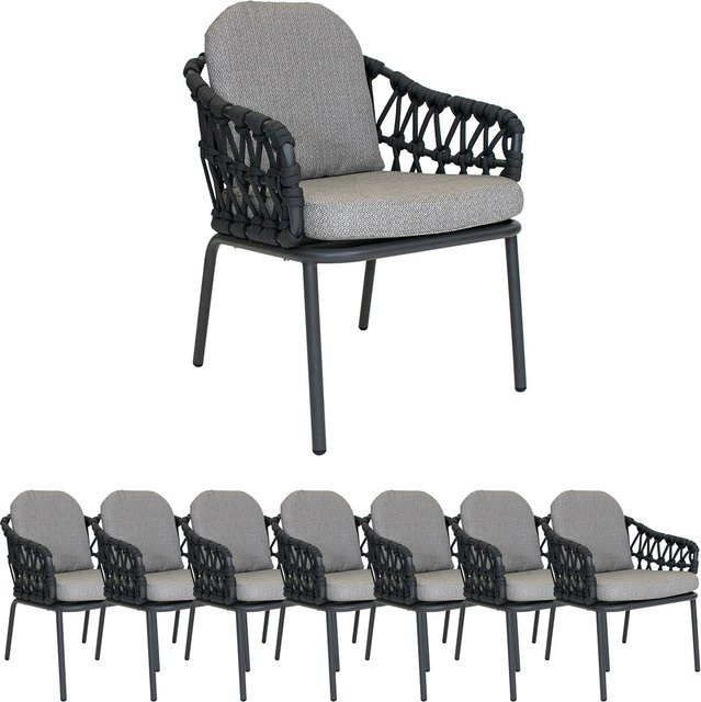 8er Set Gartenstühle Lola Lisbon Rope Sessel von Lola Home Garden aus Aluminium in Graphite und Carbon mit Sunproof Kissen in Grau und Schwarz - Bild 1