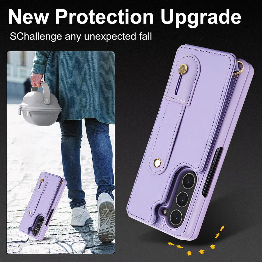 LLCOHA Ledertasche als Umhängetasche und Brieftasche für Samsung Galaxy Z Fold 7, 6, 5, 4 5G mit Handgelenkband, Kartensteckplatz und doppeltem Magnetverschluss in Schwarz oder Lila - Bild 3