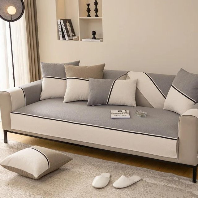 Rutschfester Sofaüberwurf aus Chenille mit schwarzen Linien, Universal Sofakissen für Wohnzimmer, B/B: 70 x 70 cm - Bild 1