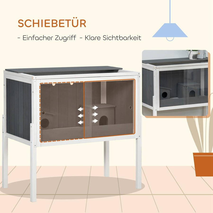 PawHut Hamsterkäfig aus Holz für Zwerghamster und Nager in Grau mit Zubehör und 2 Hütten, B/T/H: 82 x 45 x 81 cm - Bild 3