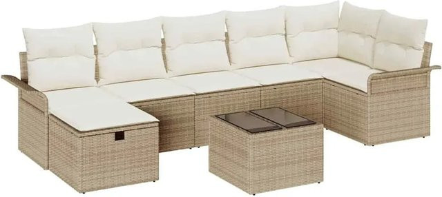 vidaXL Garten-Sofa-Set aus Poly Rattan in Beige, 8-teiliges L-Shape Lounge-Set mit Kissen und Stauraumfunktion - Bild 1