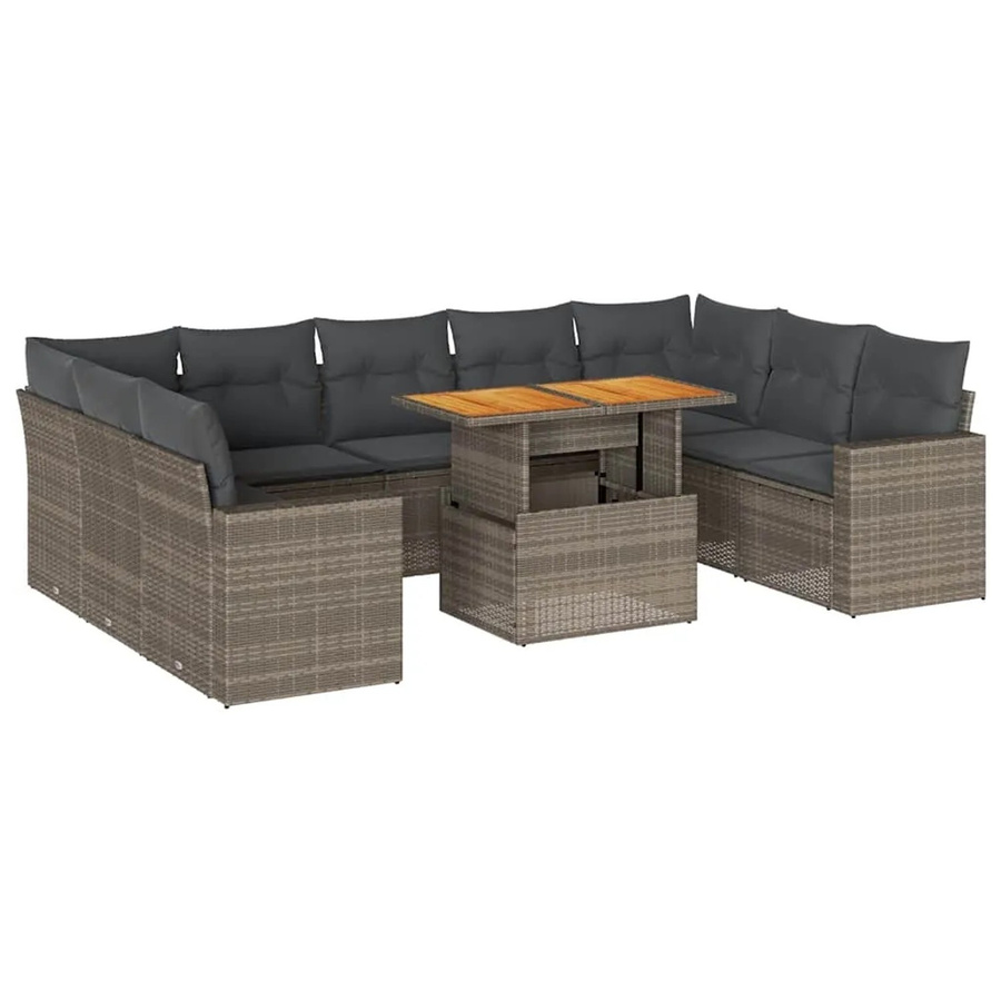 vidaXL 10-tlg. Garten-Sofagarnitur aus Polyrattan und Akazienholz in Grau mit Kissen - Bild 2
