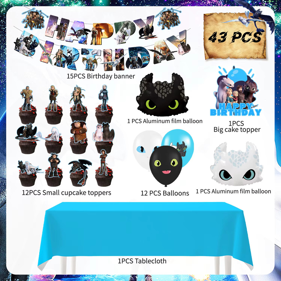 43-teiliges Set Drachenzähmen leicht gemacht Partydekoration von Potdemiel in Mehrfarbig für Kindergeburtstage mit Banner, Luftballons und Tischdecke - Bild 6