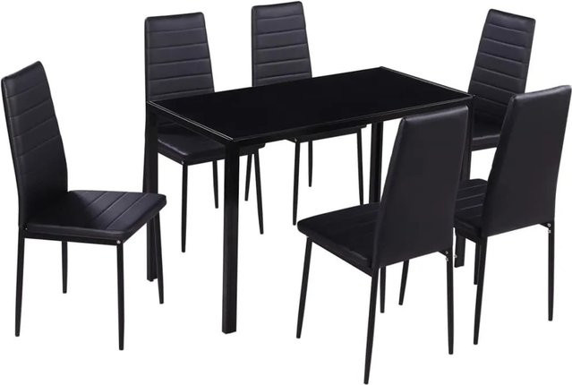 vidaXL 7-teiliges Esstisch-Set modern in Schwarz mit Glastisch und Metallgestell - Bild 1