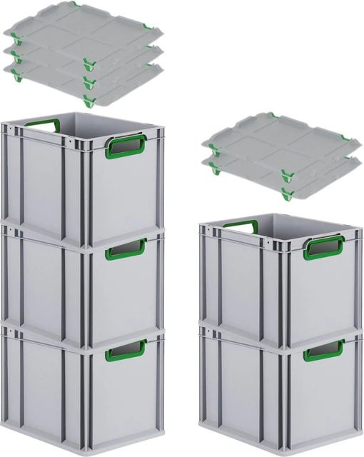 PROREGAL Spar Set 5x Eurobox Nextgen Color mit Auflagedeckel und Schiebeschnappverschlüssen in Grün, H: 32 cm, B: 30 cm, T: 40 cm - Bild 1