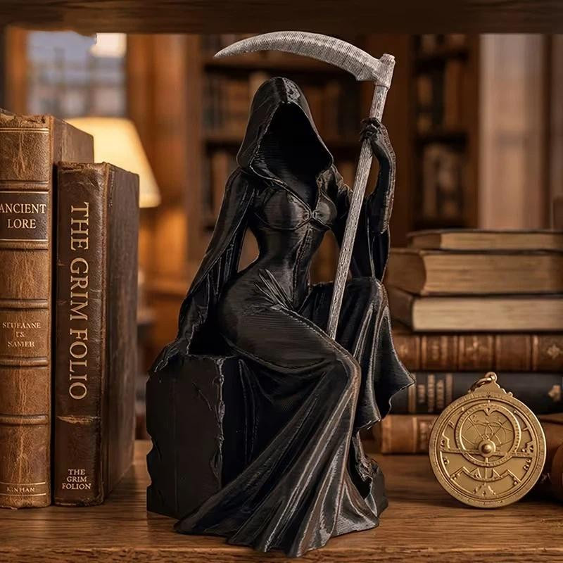 SheyIn Sensenfrau Harzstatue Gothic Skulptur Schwarz als dekorative Sitzende Figur für dein Zuhause oder Büro - Bild 3