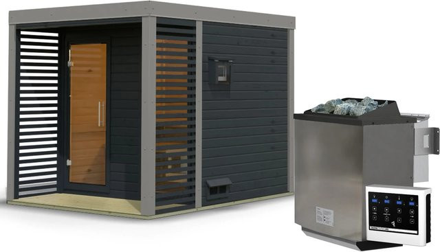 Karibu Saunahaus Seros Blockbau mit 9 kW Bio Ofen in Anthrazit und Graualuminium - Bild 1