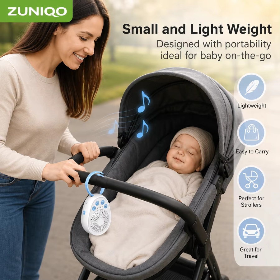 ZUNIQO Baby White Noise Maschine mit 20 beruhigenden Klängen, tragbares USB-Mini-Schlafgerät für Neugeborene in Blau und Weiß - Bild 5