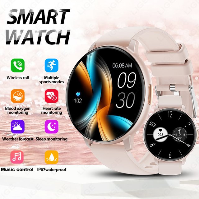 LIGE Smartwatch für Damen und Herren mit Bluetooth Anruf Funktion, Blut-Sauerstoff-Monitor und anpassbaren Zifferblättern, kompatibel mit Android und iOS, Schwarz und Pink - Bild 1