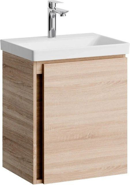 Planetmöbel Waschtischunterschrank Sonoma Eiche mit Keramikwaschbecken und Chromarmatur, Wandmontage mit Soft-Close-Funktion, Breite: 50 cm - Bild 1