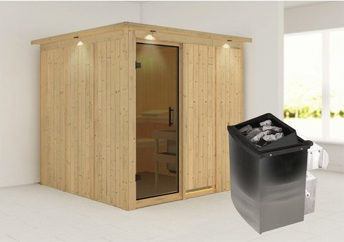 Karibu Sauna Valga aus Fichtenholz mit 9 kW Saunaofen und integrierter Steuerung für 4 Personen, Farbe: beige, B/T/H: 210 x 202 x 210 cm - Bild 1
