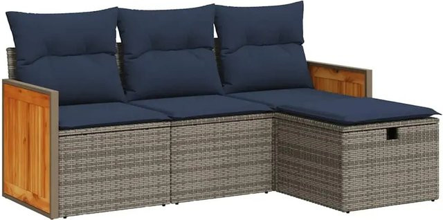 vidaXL 4-teilige Garten-Sofagarnitur in L-Form aus grauem Poly-Rattan mit Kissen und Stauraum - Bild 1