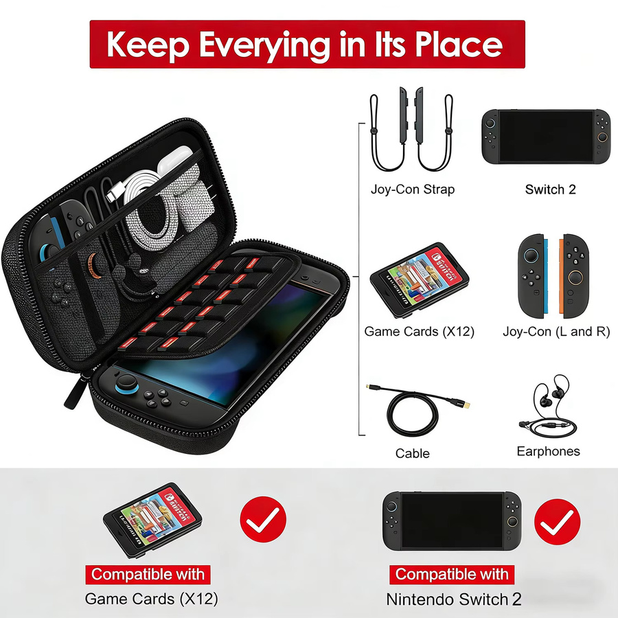 HUASUNWAY Reiseetui für Nintendo Switch 2 2025 Modell in Weiß – Kompakte Hartschalen-Tasche für Konsole, 12 Spielmodule und Kabel - Bild 3