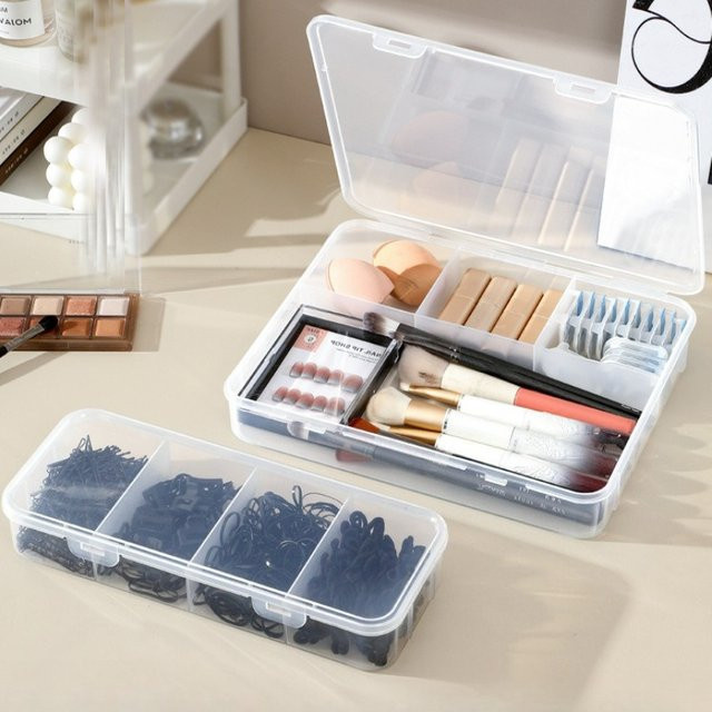 Transparente Kunststoff-Aufbewahrungsbox mit 4 Fächern und Deckel als staubdichte Organizer-Box für Kosmetik und Kleinteile - Bild 1
