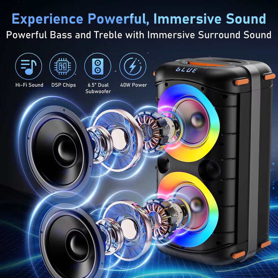 FanFun T27-T Karaoke-Maschine in Schwarz mit 2 kabellosen Mikrofonen, Party-PA-System mit Disco-Lichtern und zwei 6,5-Zoll-Subwoofern - Bild 3