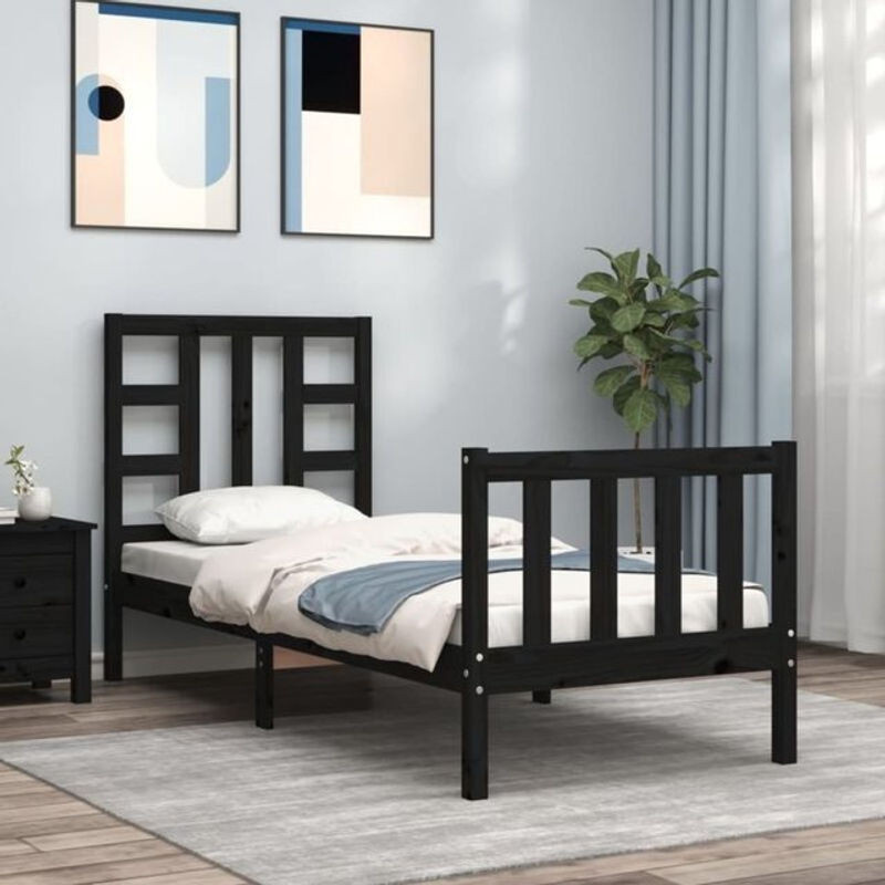 Massivholzbett aus Kiefer mit Kopfteil von vidaxl in Schwarz im Landhaus- und minimalistischen Stil B: 100 cm, H: 80.5 cm, T: 190 cm - Bild 1