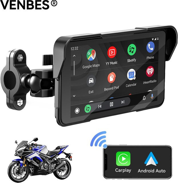 VENBES Motorrad CarPlay mit 5 Zoll GPS-Navigation, kabellos, Android und Bluetooth, wasserdicht, Schwarz - Bild 1