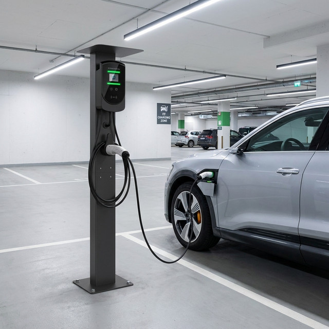 Ladestation für Elektrofahrzeuge mit Standfuß und Kabelöffnungen in Schwarz, H x B x T: 130,5 x 28 x 21 cm - Bild 1