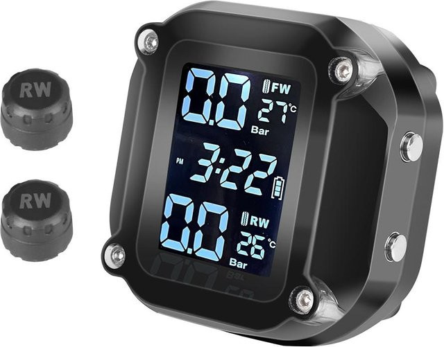 Motorrad Reifendruckkontrollsystem mit 2 externen Sensoren und Temperaturüberwachung, USB-Aufladung, Schwarz - Bild 1