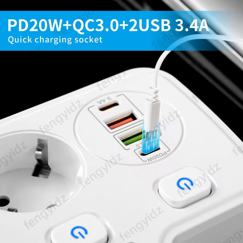 Fengyidz Steckdosenleiste mit Sicherheitsschalter und USB-Typ-C-Anschlüssen in Weiß, 2 m Kabel, 3000 W mit Überlastschutz - Bild 3