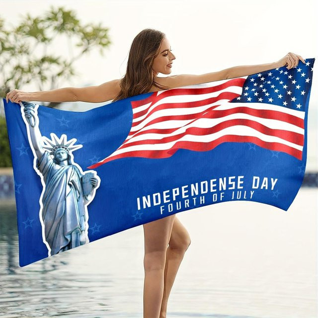 Strandtuch im amerikanischen Stil von JMG Household Supplies, blaues Mikrofaserhandtuch mit Grafikdesign, B/H: 70 x 140 cm - Bild 1