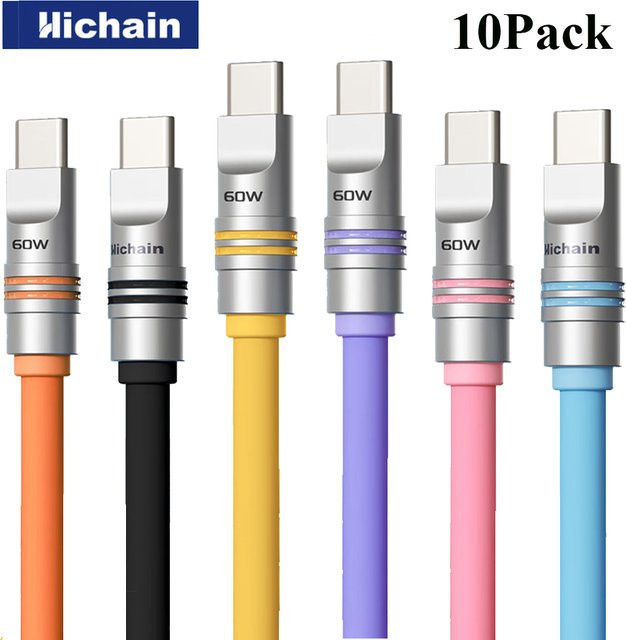 Hichain 10er Pack USB-C zu USB-C Schnellladekabel PD 60W aus weichem Silikon in Weiß - Bild 1