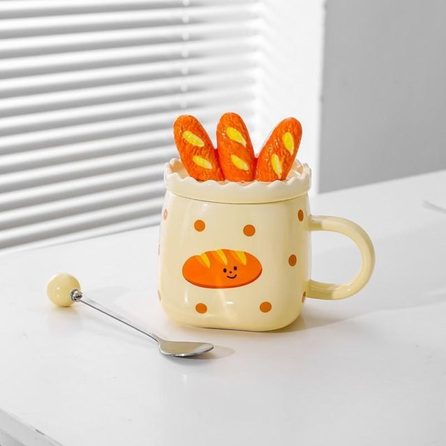 Japanische kreative Keramiktasse mit Deckel und Löffel von Yiran bag, ideal als Frühstücks-, Milch- oder Kaffeetasse, 420 ml, Weiß und Gelb - Bild 1