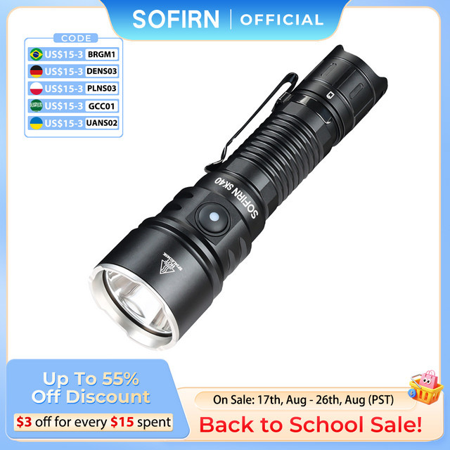 Sofirn SK40 Taktische Taschenlampe mit SFT70 LED, 3200 Lumen, USB-C wiederaufladbar, IP68 wasserdicht, Schwarz - Bild 1