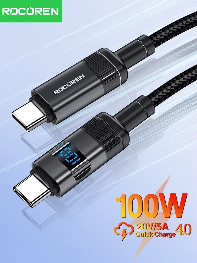 Rocoren USB Typ C Kabel mit Digital Display, 100 W 5 A PD 3.1 Schnellladekabel, Schwarz - Bild 4