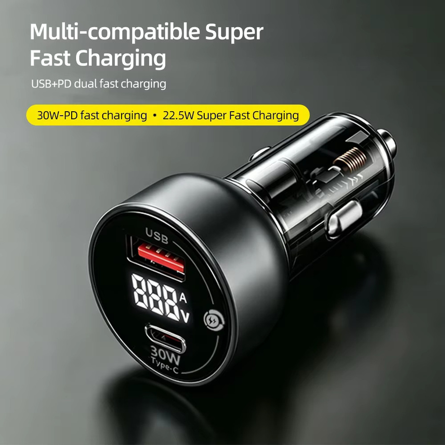 KEBETEME Cyberpunk Autoladegerät mit Echtzeit-Spannungsüberwachung, 2-Port USB-A und USB-C, Schwarz/Grau - Bild 2
