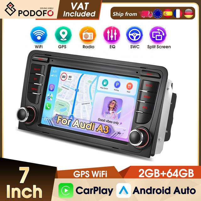 Podofo 7 Zoll 2 Din Autoradio mit Wireless CarPlay, 2+64G Speicher, WiFi, GPS und AI DSP für Audi A3 S3 in Schwarz - Bild 1