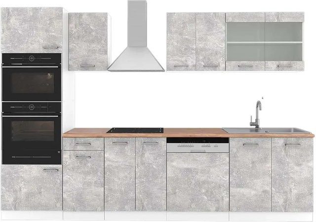Vicco R-Line Küchenzeile in Beton-Optik und Weiß mit Hochschrank, Breite: 300 cm - Bild 1