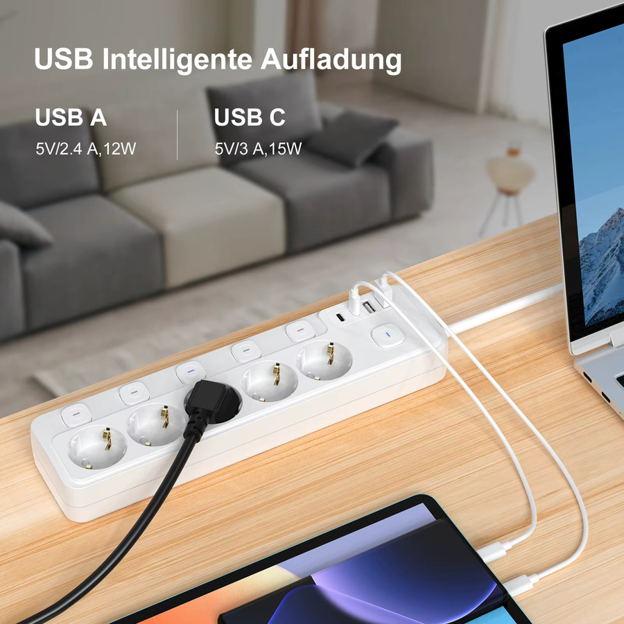HITRENDS EU-Steckdosenleiste in Weiß mit 5 AC-Steckdosen, 2 USB-A und 2 USB-C Anschlüssen sowie Einzelschalter und 2 m Kabel - Bild 4