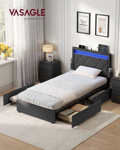 VASAGLE Polsterbett Dunkelgrau mit 4 Schubladen, LED und Ladestation, B/T: 90 x 200 cm - Bild 1