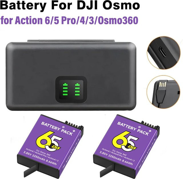 DJI Osmo Action Akku 2250mAh mit LCD Dual-Ladebox für DJI Action 5 4 3 Sportkamera Zubehör in Schwarz - Bild 1