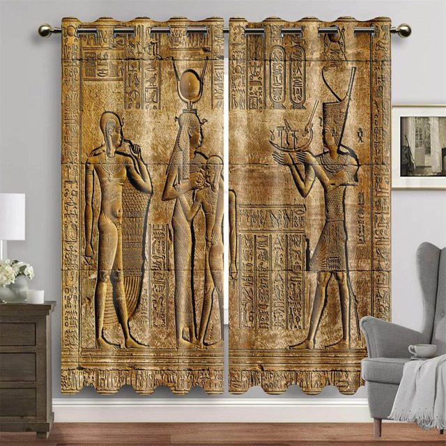 A Family Of Home Textiles Ägyptische Fenstervorhänge mit Antiken Göttern und Hieroglyphen, Gold, Semi-transparent, Breite: 135 cm, Höhe: 165 cm - Bild 1