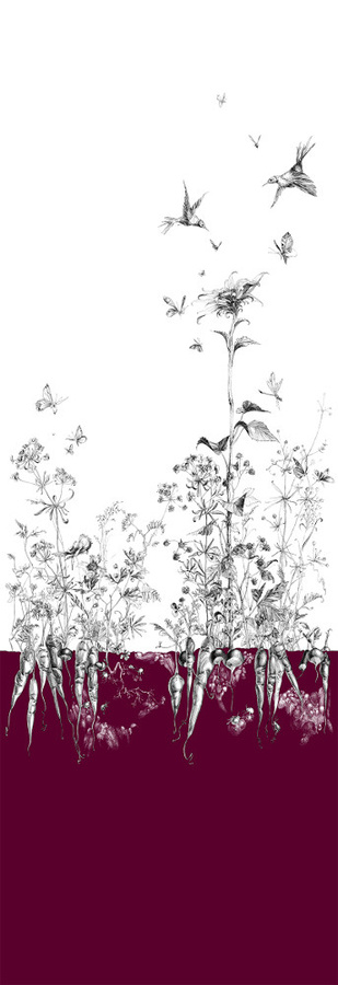 Edmond Petit Tapete Tournesol droit in Aubergine mit floralem und botanischem Design aus Vlies - Bild 1