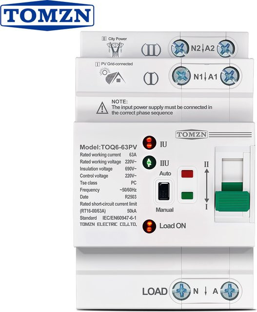 TOMZN Automatischer Umschalter ATS L für duale Stromversorgung, 2P 63A, 220V, Weiß - Bild 1