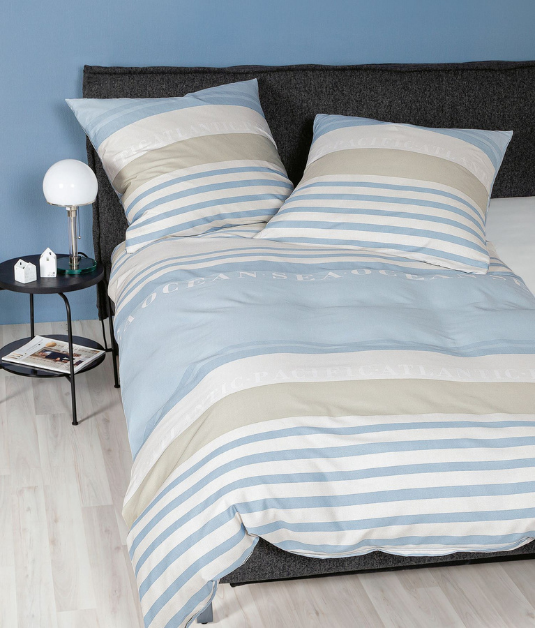 Janine Moments Mako-Satin Bettwäsche Streifen Hellblau Natur mit Bettbezug und Kissenbezug B/H: 200 x 220 cm, Kissen: 80 x 80 cm - Bild 1