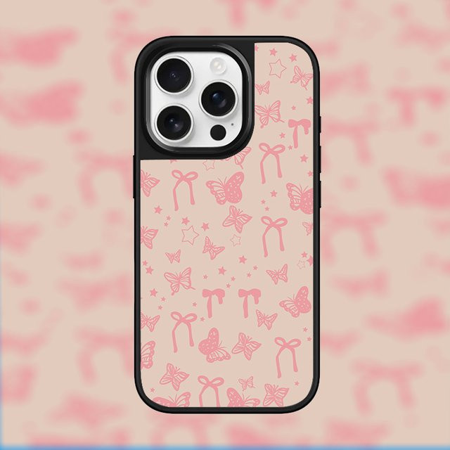 DecoPhone Stoßfeste Handyhülle mit Schmetterlingen und Schleifen in Rosa und Silber für iPhone 17, 16, 15 Pro Max - Bild 1