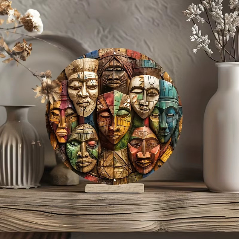 Potdemiel Afrikanische Vintage-Masken als runde Aluminium-Wandkunst, Mehrfarbig, B/T/H: 20,3 x 20,3 x 20,3 cm - Bild 2