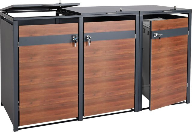 MCW XL Mülltonnenverkleidung J82 Mülltonnenbox aus Metall in Anthrazit mit Kirsche-Holzoptik Dunkelbraun H x B x T: 117 x 217 x 98 cm - Bild 1